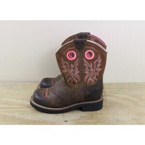 Ariat Boots Kids 12 Brown Pink Leather Embroidered Girls Cowboy Western Pull On